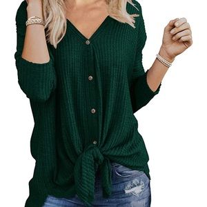 Green knit top with buttons and tie